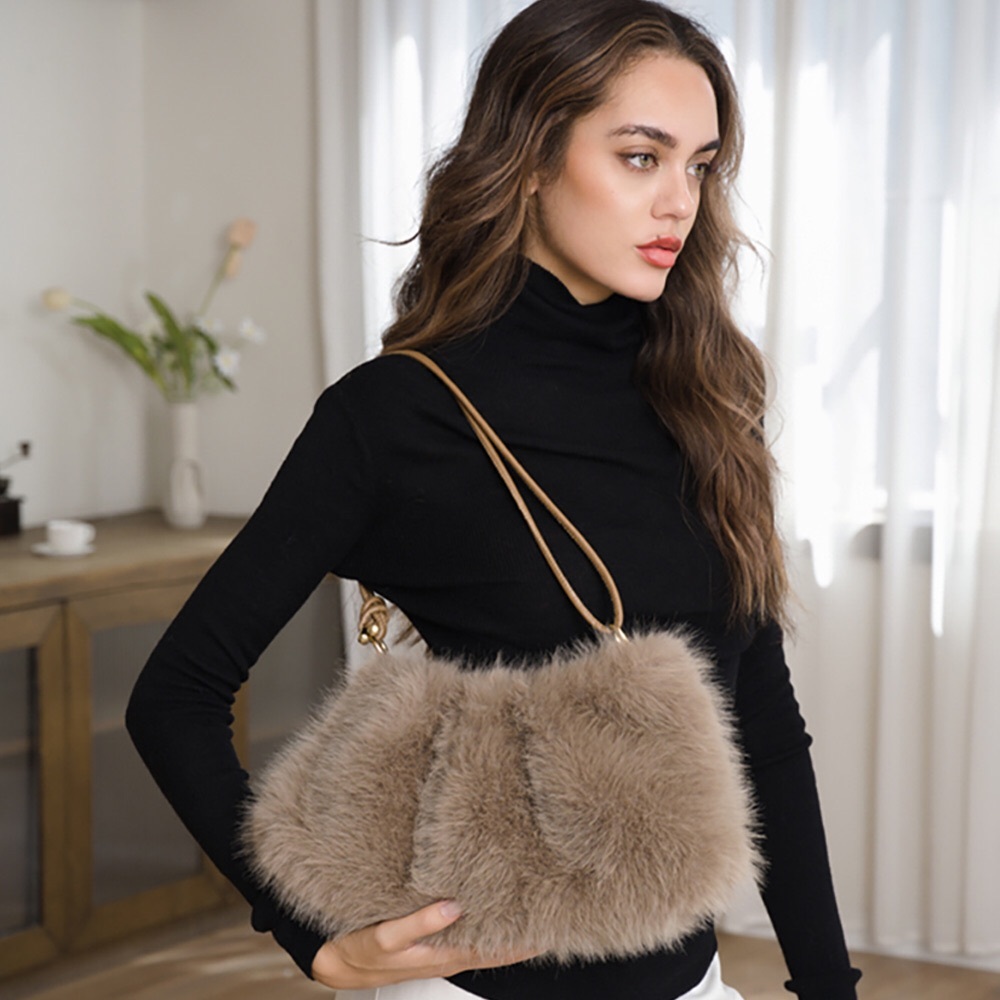Tan Soft Plush Faux Fur Shoulder Bag